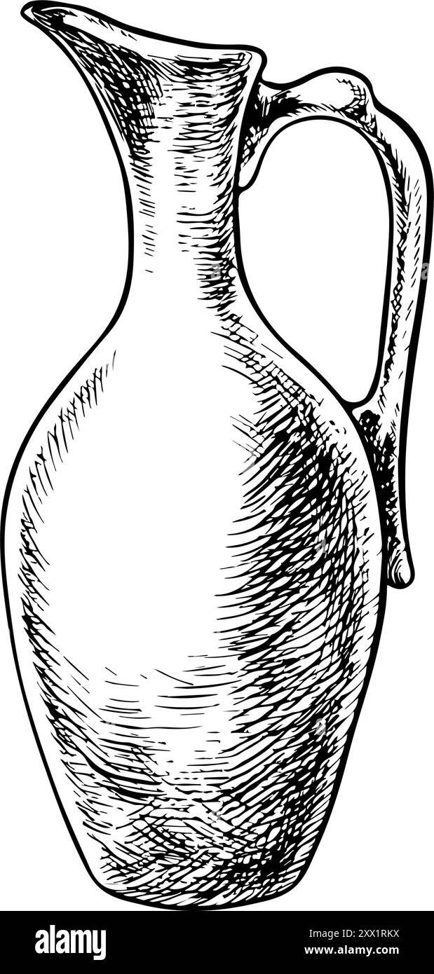Cruche en faïence. Céramique, faïence. Graphiques vectoriels, illustrations dessinées à la main en noir et blanc. Isolez sur un fond blanc. Pour la conception de Illustration de Vecteur