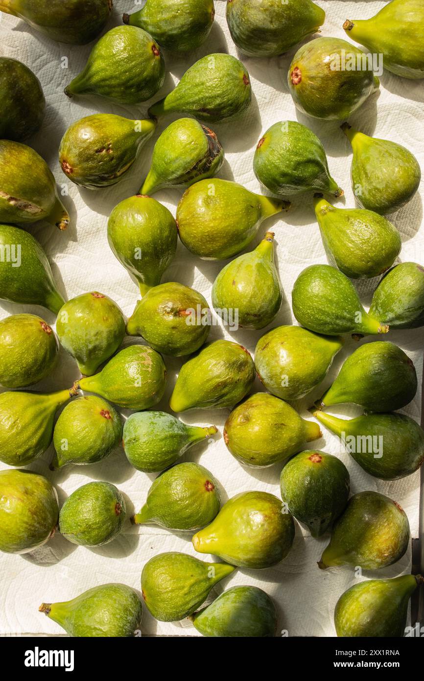 figues vertes disposées sur des serviettes en papier au soleil Banque D'Images