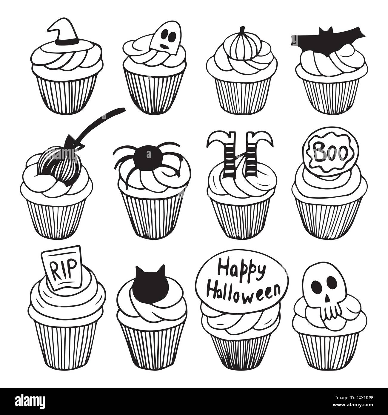 Cupcakes d'Halloween avec ensemble vectoriel de décor effrayant Illustration de Vecteur