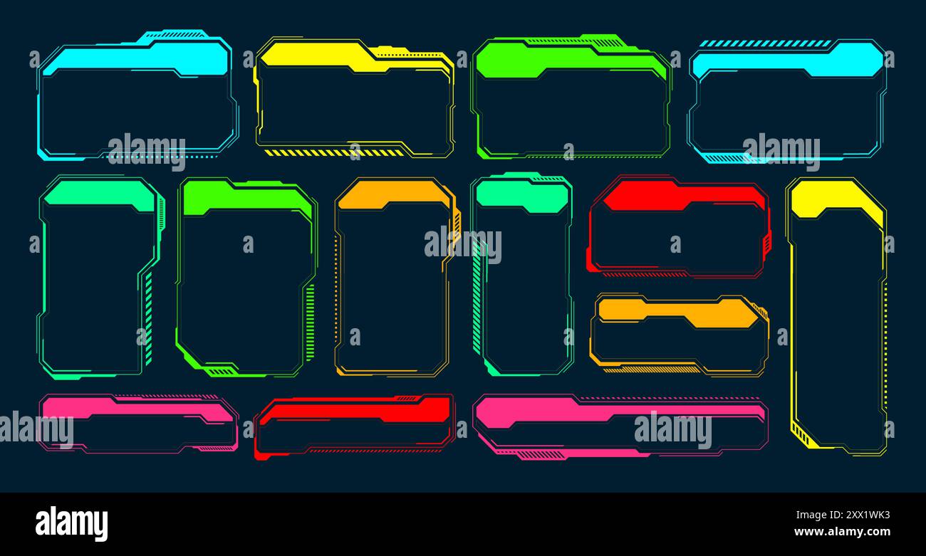 Éléments HUD ou UI futuristes. Zones de texte et légendes de l'interface utilisateur SCI-fi. Cadre de message d'avertissement coloré, modèle de boîtes d'information. Jeu moderne Illustration de Vecteur