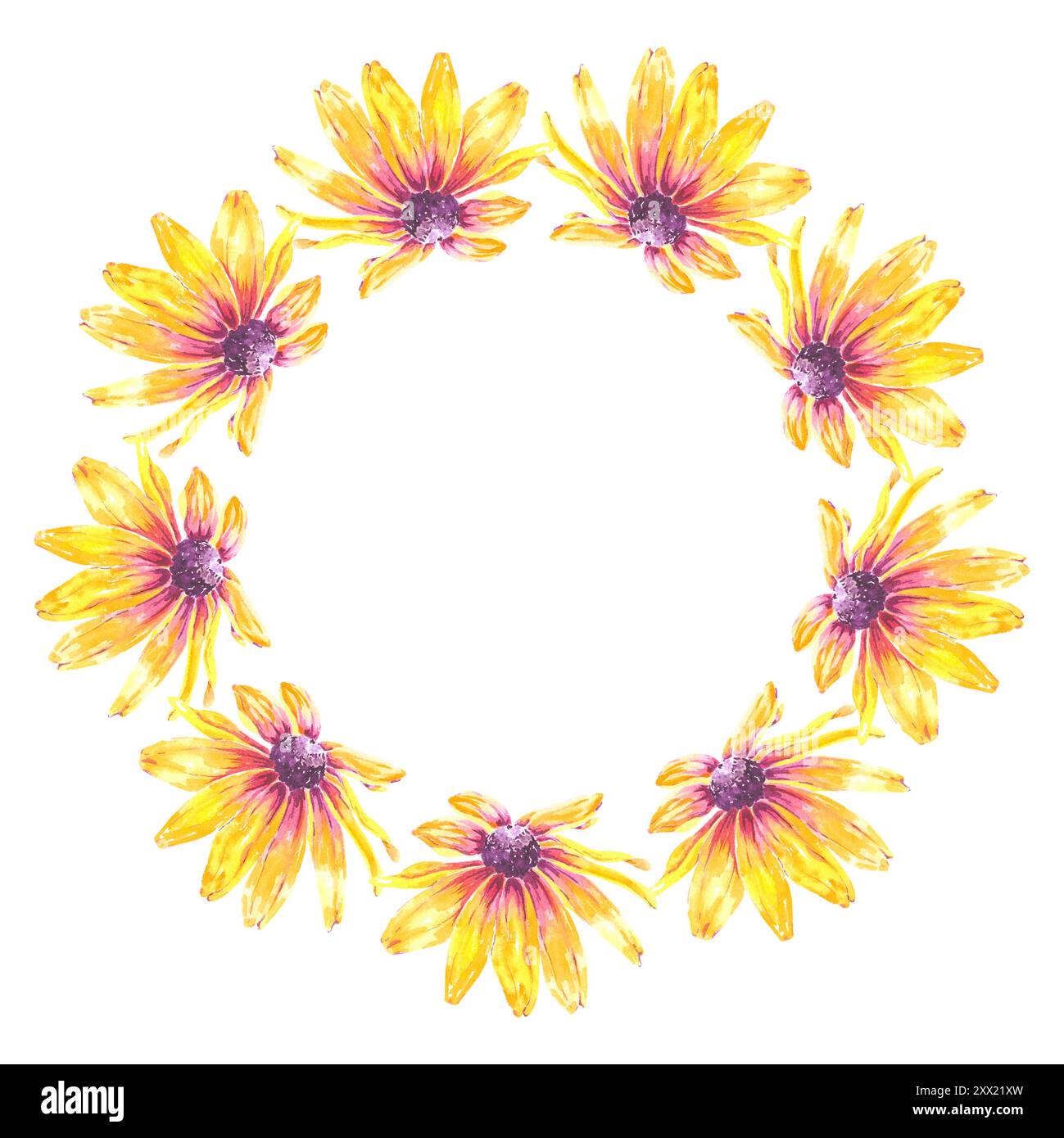 Couronne fleur aquarelle avec rudbeckia ou camomille illustration isolée dessinée à la main pour nous dans le papier peint design, textile, logo, articles. Laisse Marguerite Banque D'Images