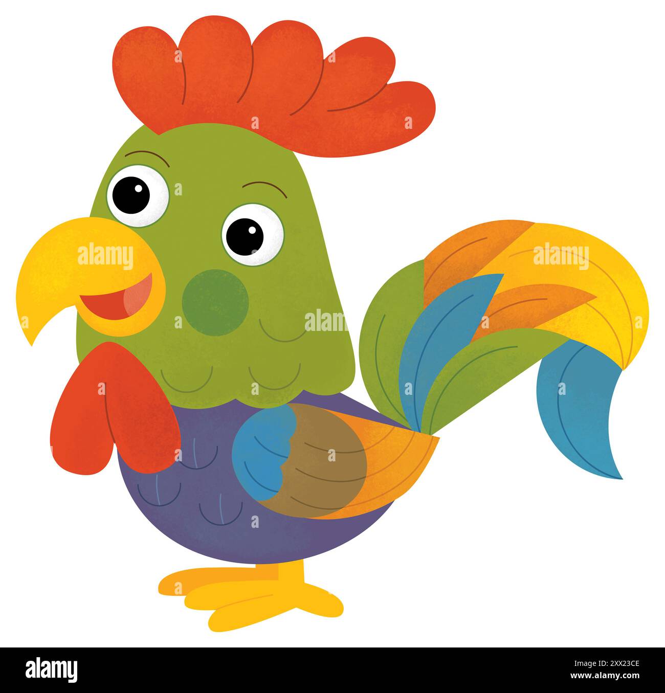 scène de dessin animé avec illustration isolée d'animal isolé de ranch de ferme d'oiseau de coq de poulet souriant pour les enfants Banque D'Images