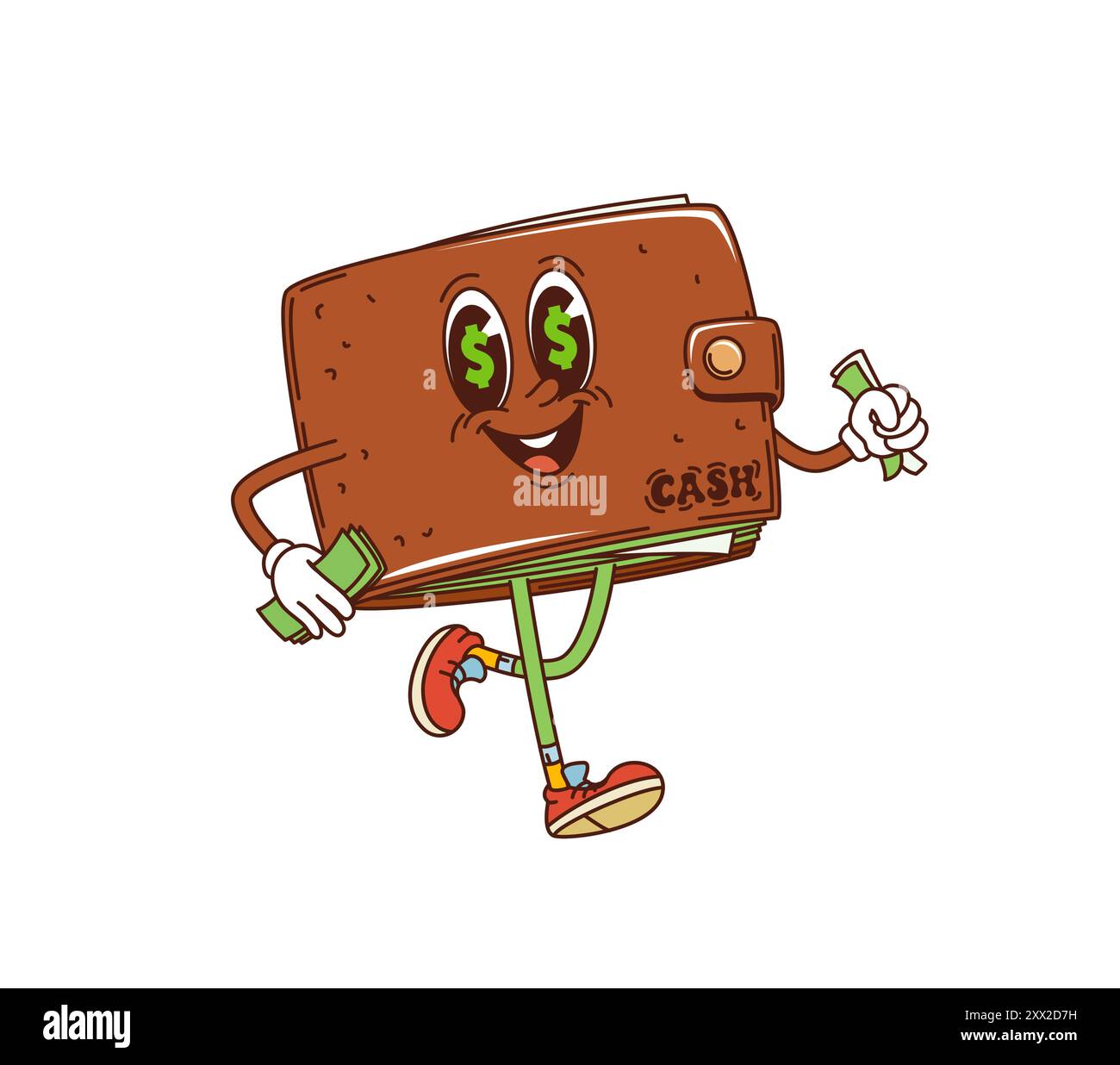 Rétro groovy portefeuille porte-monnaie finance personnage marche avec des dollars. Personnage de trésorerie anthropomorphique de style hippie de vecteur de dessin animé isolé avec de larges yeux de symbole usd, sourire amical joyeux et fermoir à bouton Illustration de Vecteur