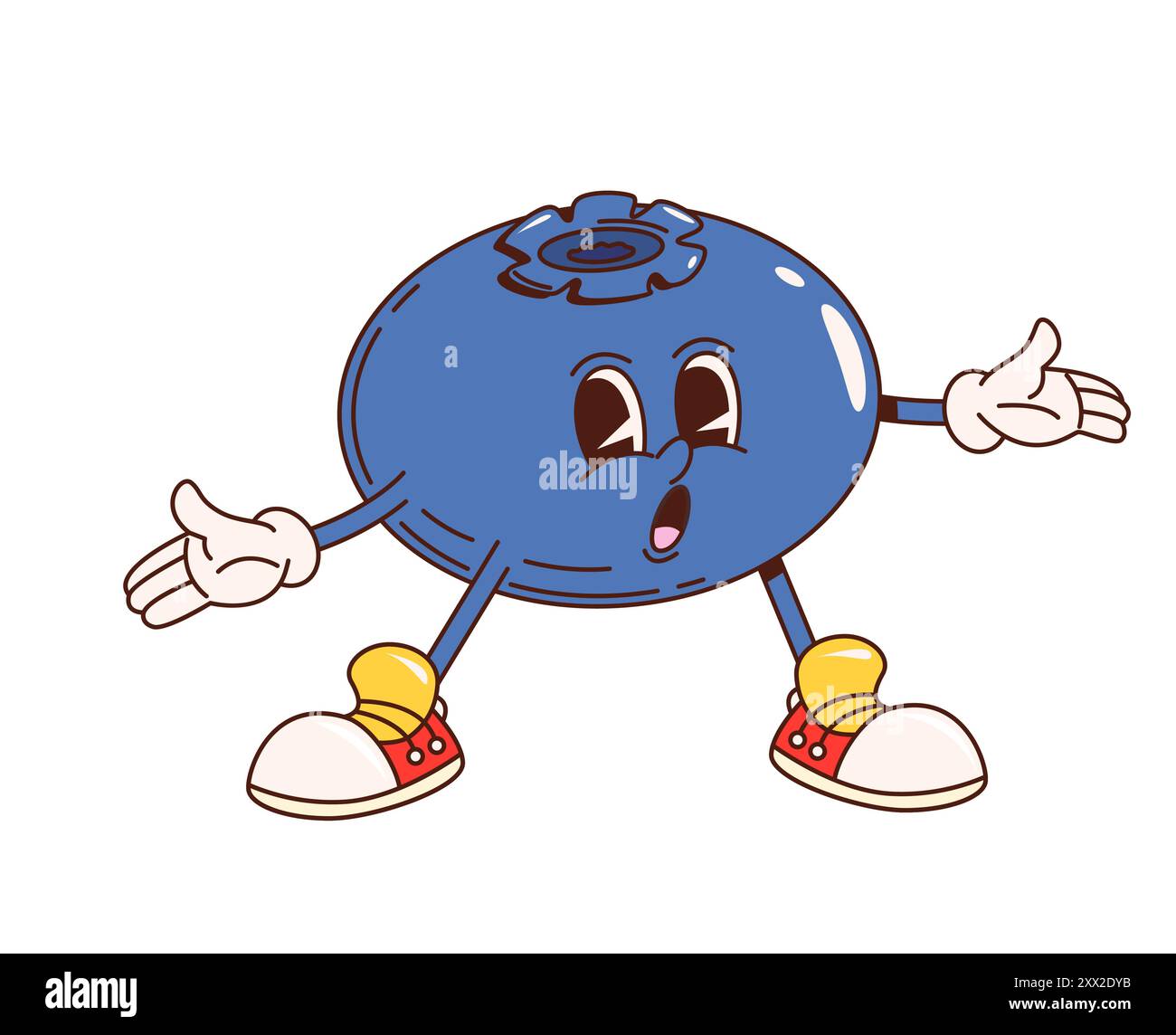 Personnage rétro groovy Blueberry Berry. Vecteur de bande dessinée isolé surpris la myrtille porte des baskets, se tient avec les bras grands ouverts, mettant en valeur son curieux Illustration de Vecteur
