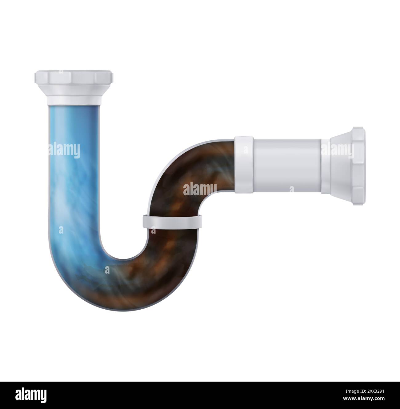 Obstruez et arrosez le tuyau d'évacuation en plastique de l'évier. Tube de plomberie de salle de bain et de toilette bloqué avec drainage. Nettoyage de vecteur 3D réaliste avec un détergent et dissoudre la saleté et les déchets dans la canalisation domestique. Illustration de Vecteur