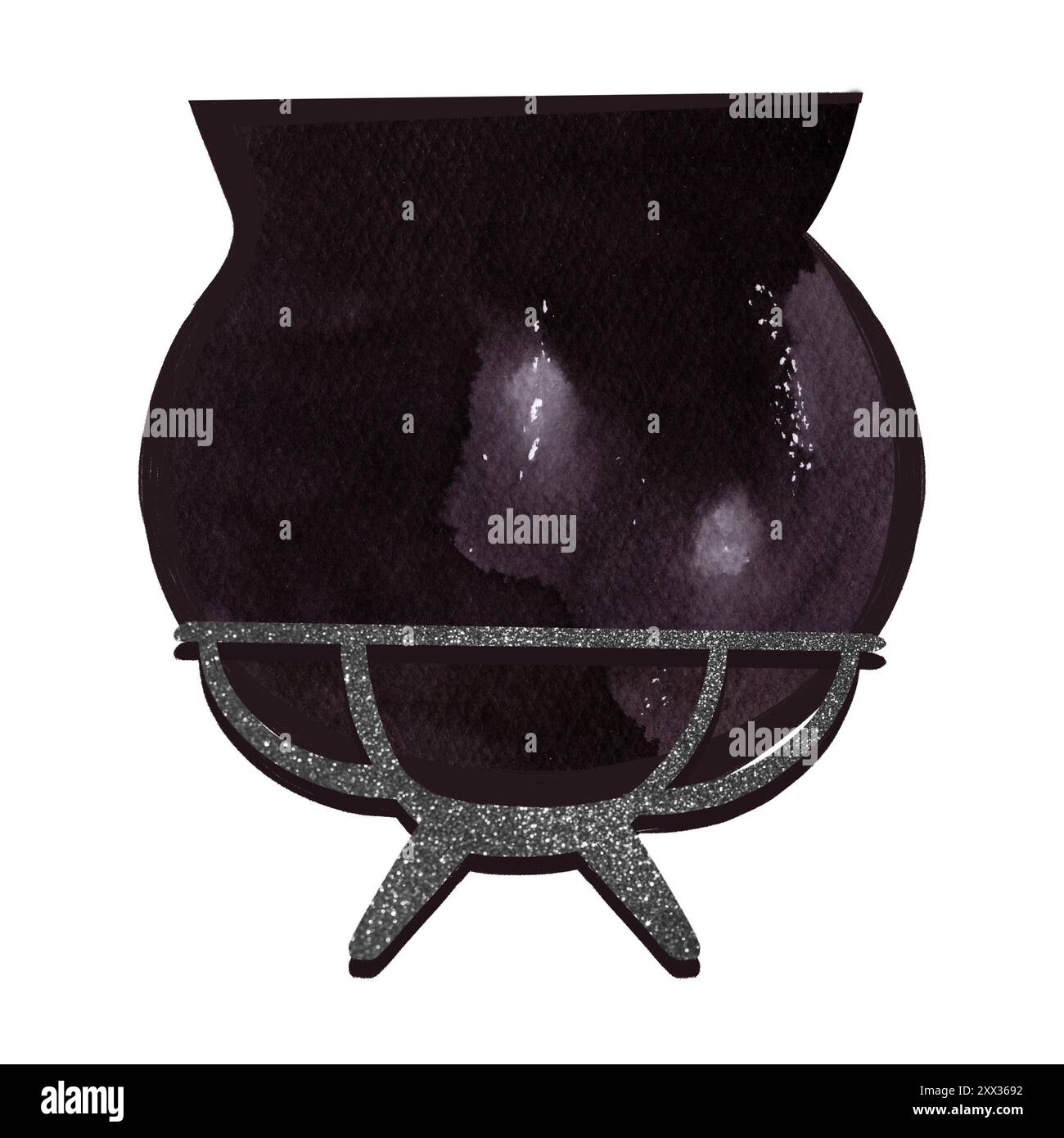 Chaudron de sorcières en fonte noire sur un support argenté. Un récipient pour infuser une potion ou une soupe. Vaisselle, ustensiles de cuisine. Aquarelle isolée Banque D'Images