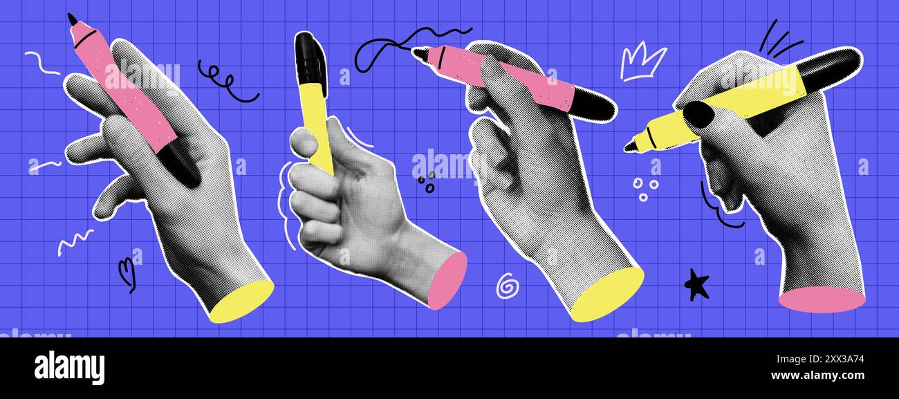 Collage avec les mains tenant des formes de marqueur et de gribouillage. Effet demi-ton vintage. Éléments découpés en papier pop art. Illustration de Vecteur