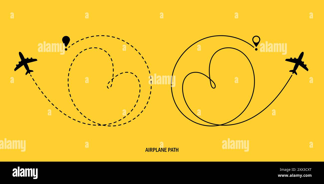 Concept de voyage. Suivi d'aéronefs. Trajectoire du plan de route de deux avions. Illustration vectorielle sur un fond jaune isolé. Le chemin est sous la forme d'un HE Illustration de Vecteur