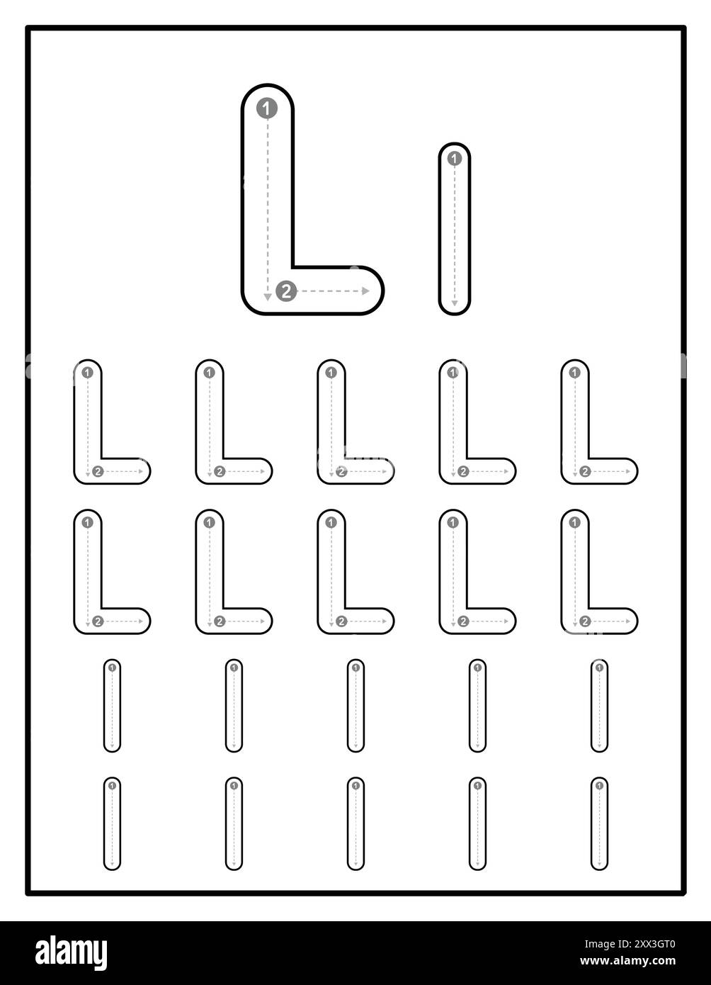 Feuilles de travail de traçage alphabétique pour enfants avec lettres majuscules et minuscules pratiques pages lettre L. Illustration de Vecteur