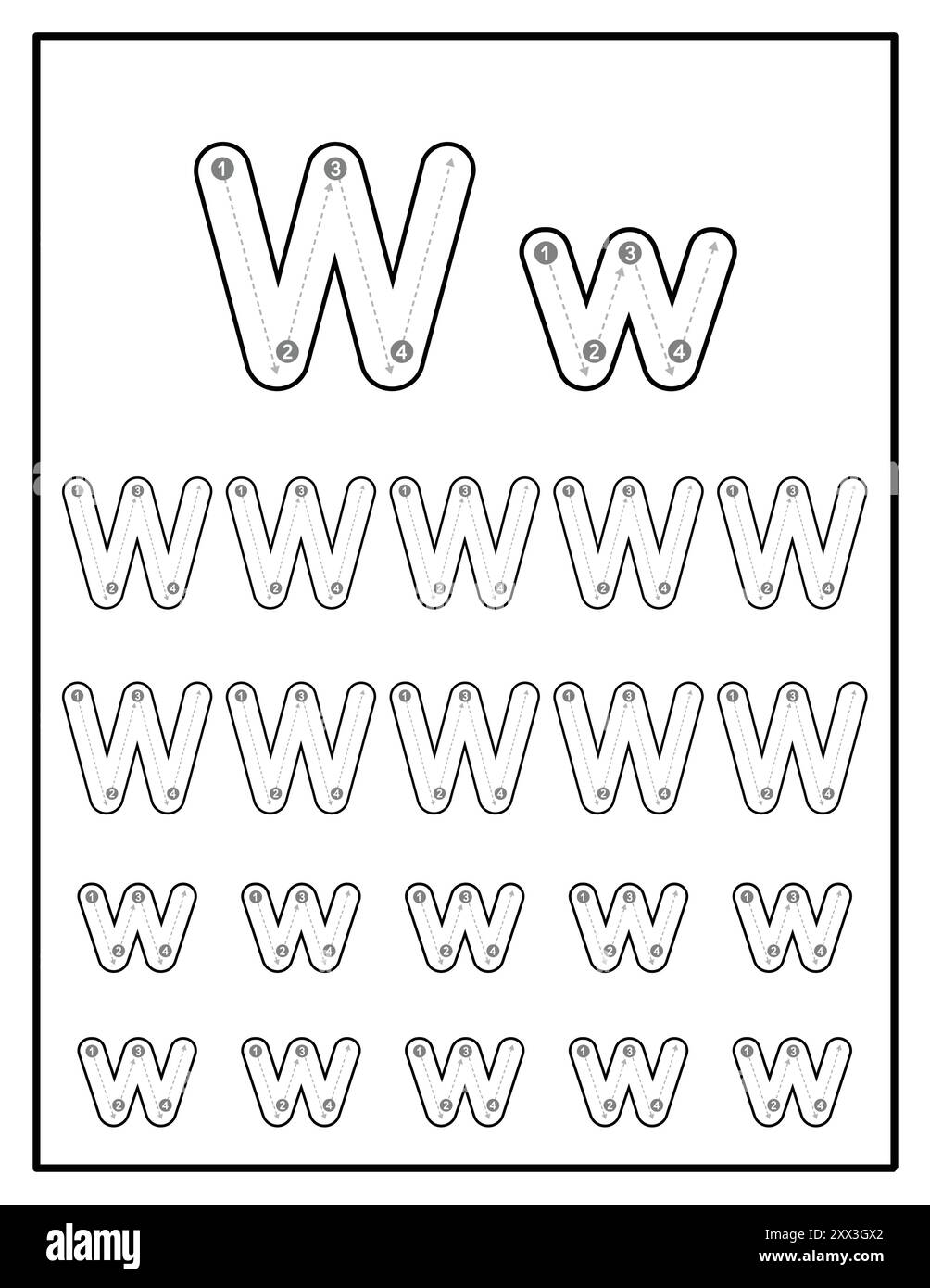Feuilles de travail de traçage alphabétique pour enfants avec lettres majuscules et minuscules pratiques pages lettre W. Illustration de Vecteur