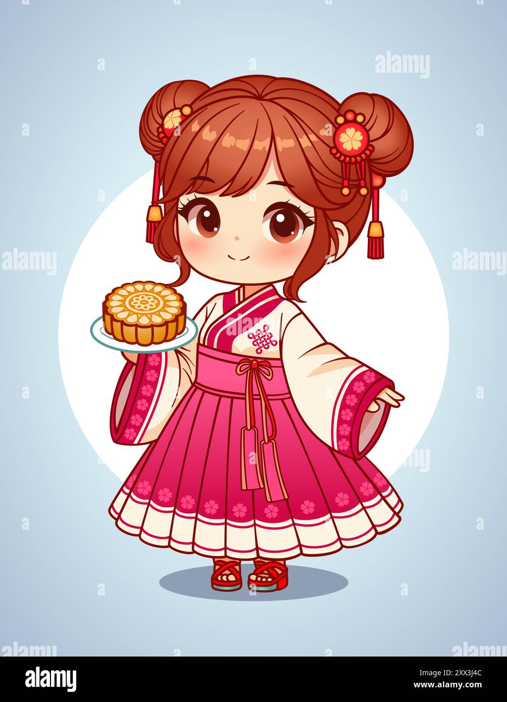 Jolie fille chinoise tenant Une assiette de gâteau de lune Illustration de Vecteur