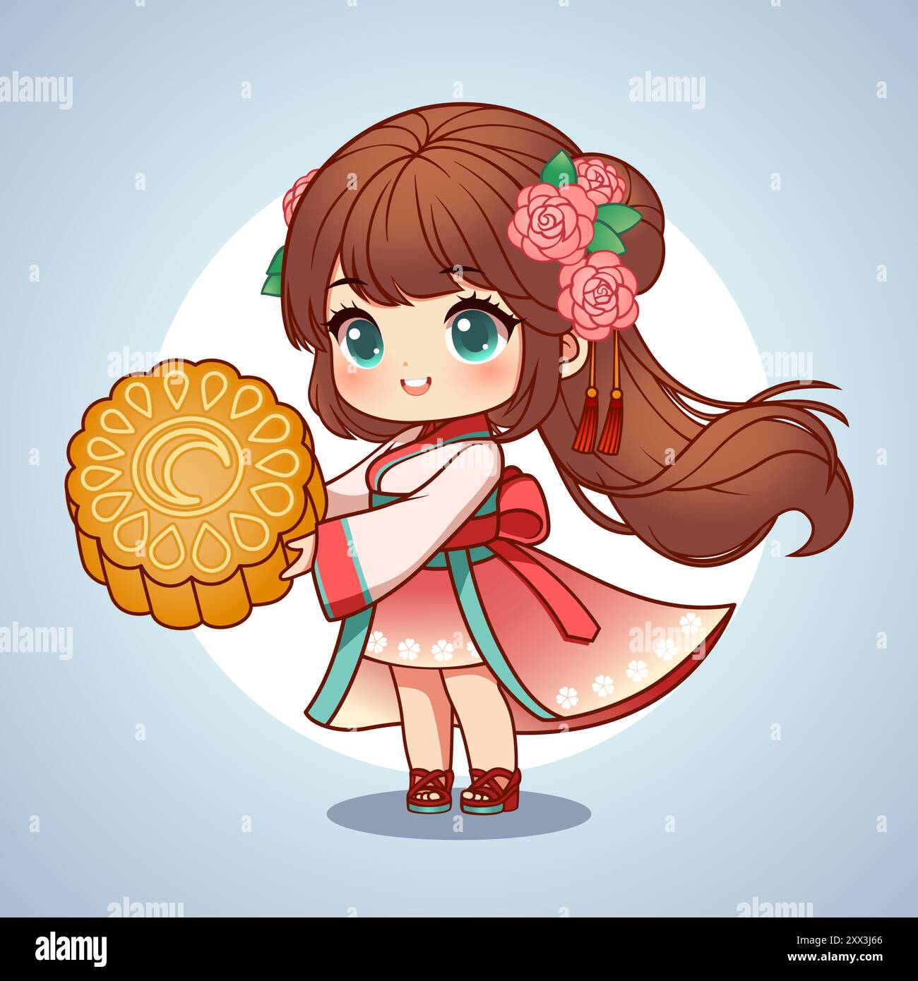 Mignonne fille chinoise tenant Un gâteau Big Moon Illustration de Vecteur