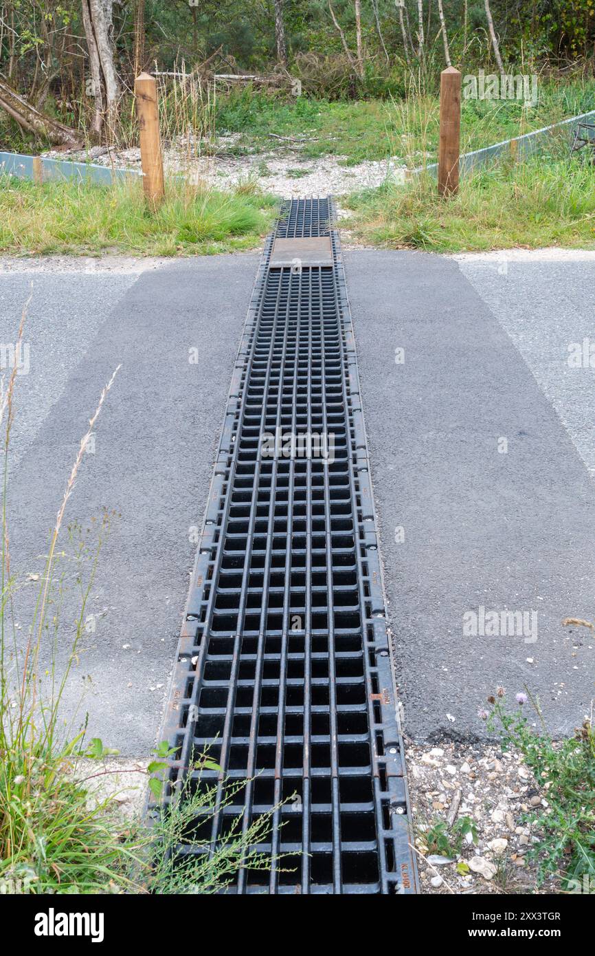Tunnel d'additionneur construit en 2024 sous la route permettant aux additionneurs de traverser en toute sécurité, Greenham et Crookham Commons, Berkshire, Angleterre, Royaume-Uni. Couloir faunique Banque D'Images