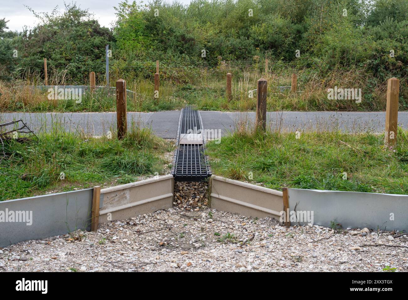 Tunnel d'additionneur construit en 2024 sous la route permettant aux additionneurs de traverser en toute sécurité, Greenham et Crookham Commons, Berkshire, Angleterre, Royaume-Uni. Couloir faunique Banque D'Images