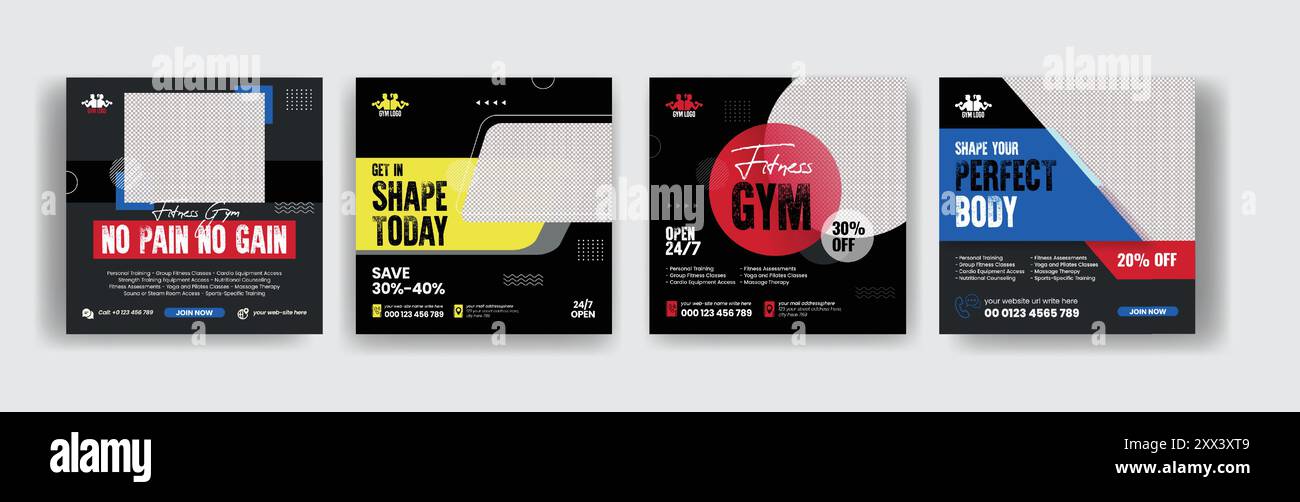 Ensemble de bannière de publications de médias sociaux pour gymnase et entraînement de fitness Illustration de Vecteur