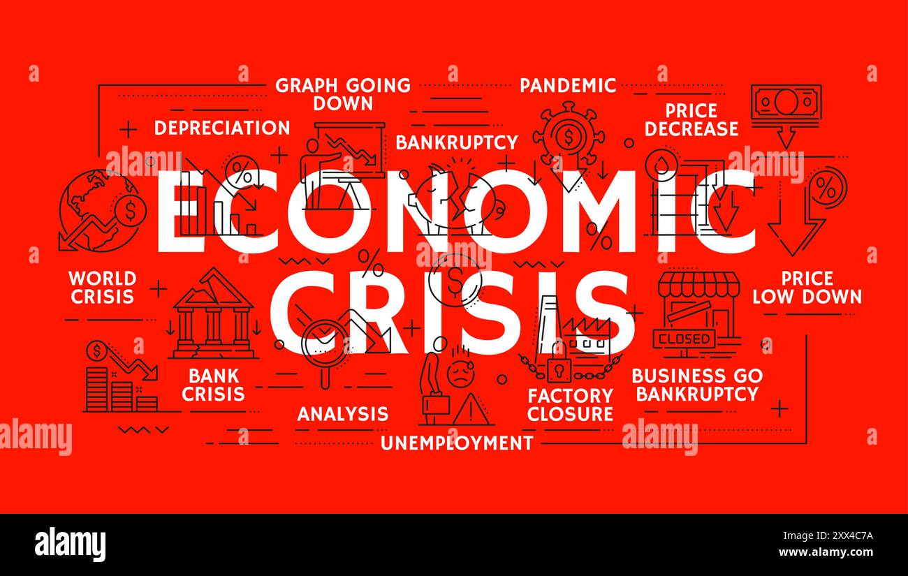 Perte d'argent et crise économique, crash du marché monétaire et ralentissement financier mondial, icônes de ligne vectorielle. Icônes de crise économique de la faillite, baisse des prix avec l'inflation monétaire et la croissance du chômage Illustration de Vecteur