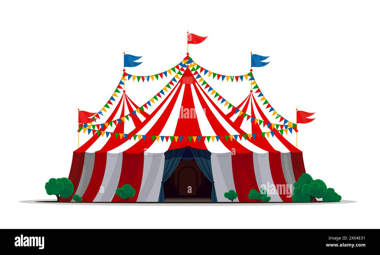 Tente de cirque, chapiteau de carnaval funfair vintage pour spectacle de parc d'attractions, vecteur de bande dessinée. Chapiteau de tente haut de cirque avec entrée et drapeaux pour spectacle de carnaval magique ou funfair avec stipes rouges et blancs Illustration de Vecteur