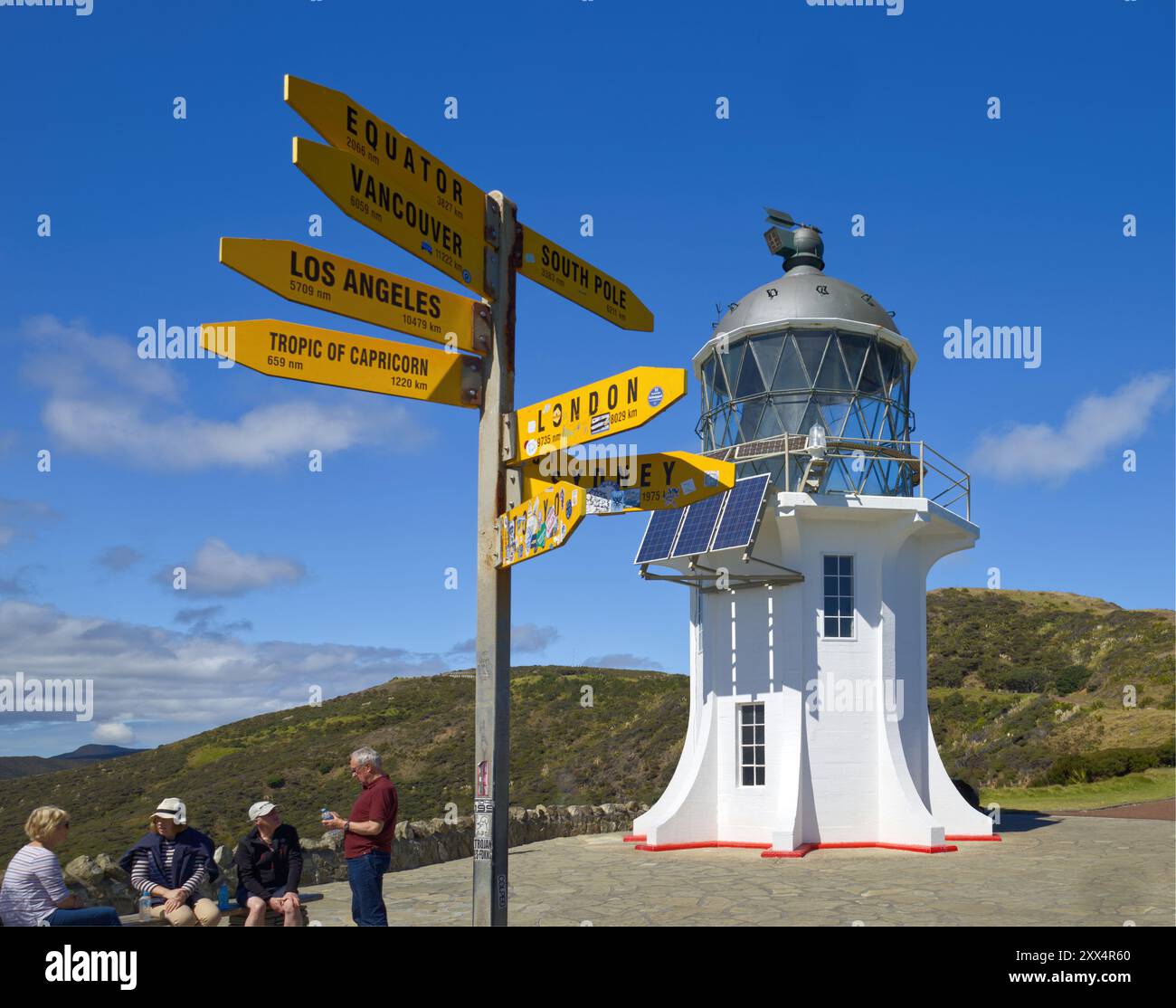 Les gens au phare de Cape Reinga à l'extrémité nord de l'île du Nord, en Nouvelle-Zélande. Un panneau indique les directions et les kilomètres vers les villes du monde Banque D'Images