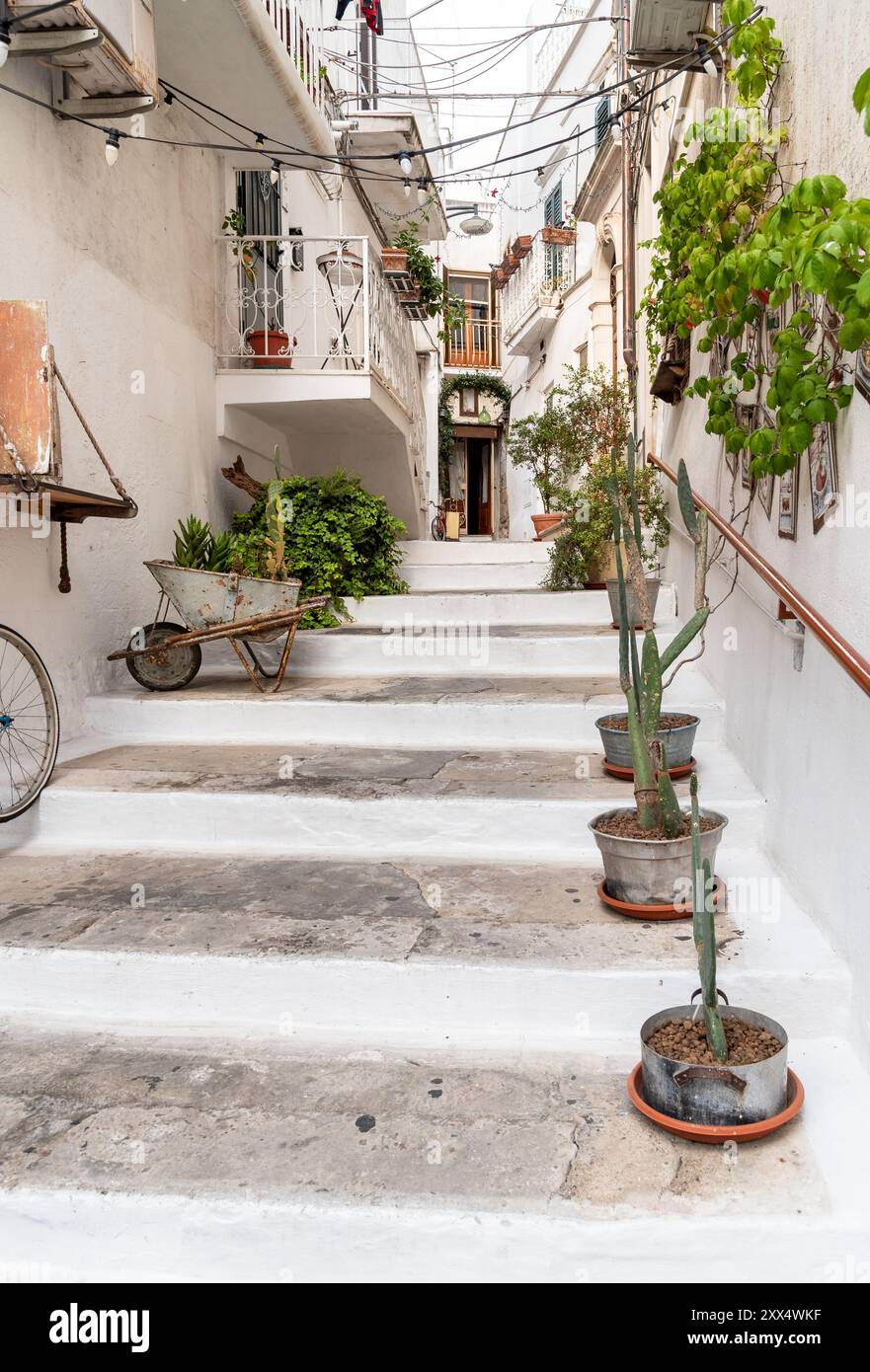 Rues étroites caractéristiques dans le centre historique d'Ostuni, ville blanche dans les Pouilles, province de Brindisi, Italie Banque D'Images