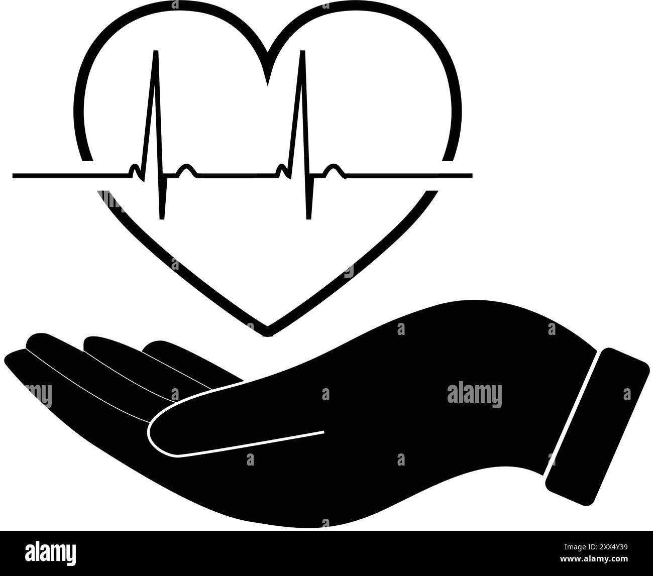 Cœur avec battement noir, symbole de battement de cœur, icône de battement de cœur dans la main, icône de cœur noir, signe de cardiologie de pouls, mesure de battement de pouls, maladie cardiaque Illustration de Vecteur