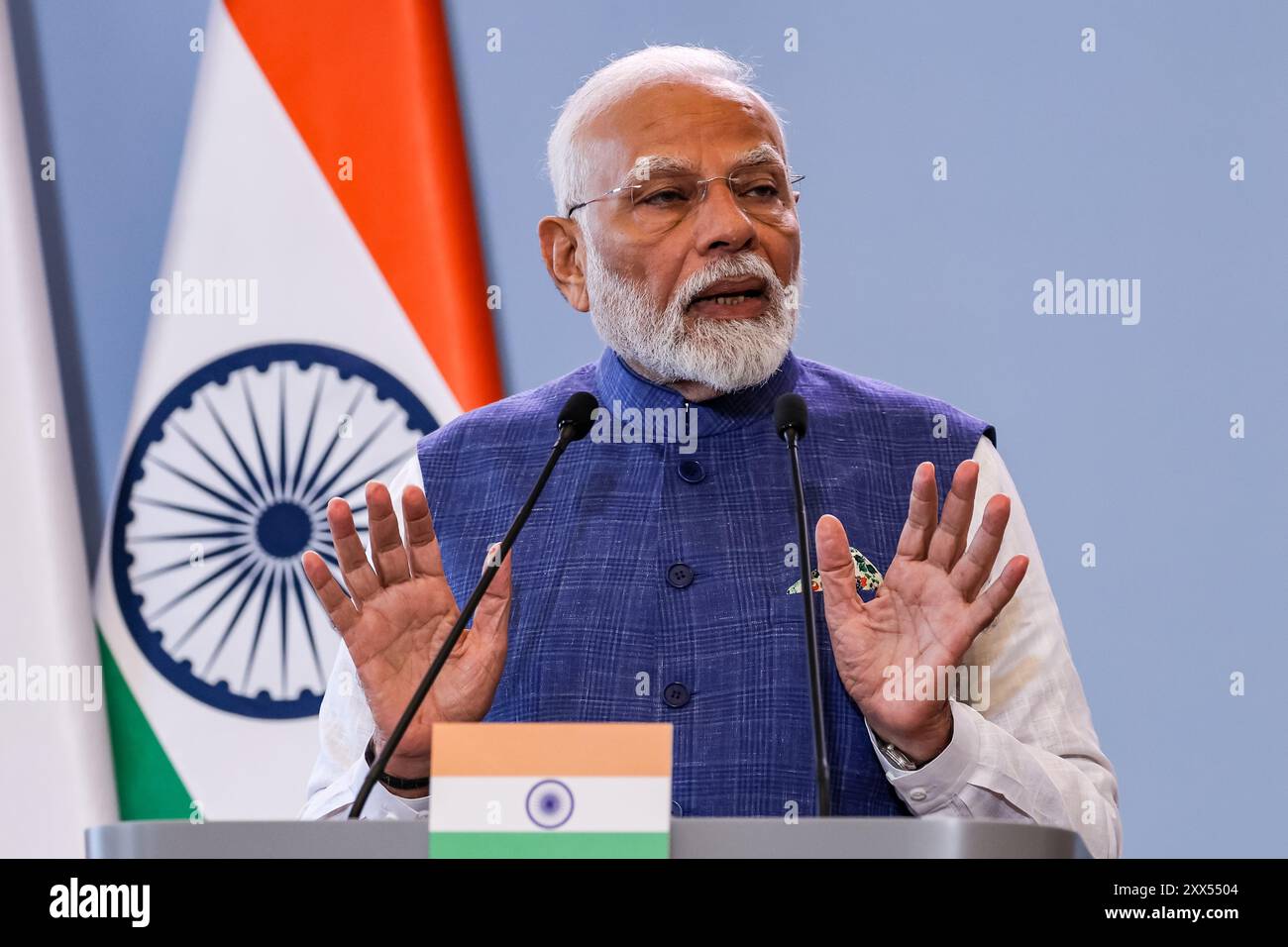 Le premier ministre indien, Narendra Modi, fait une déclaration à la presse lors d'une conférence de presse lors de pourparlers bilatéraux avec le premier ministre polonais, Donald Tusk, à Varsovie, la capitale de la Pologne, le 22 août 2024. Banque D'Images