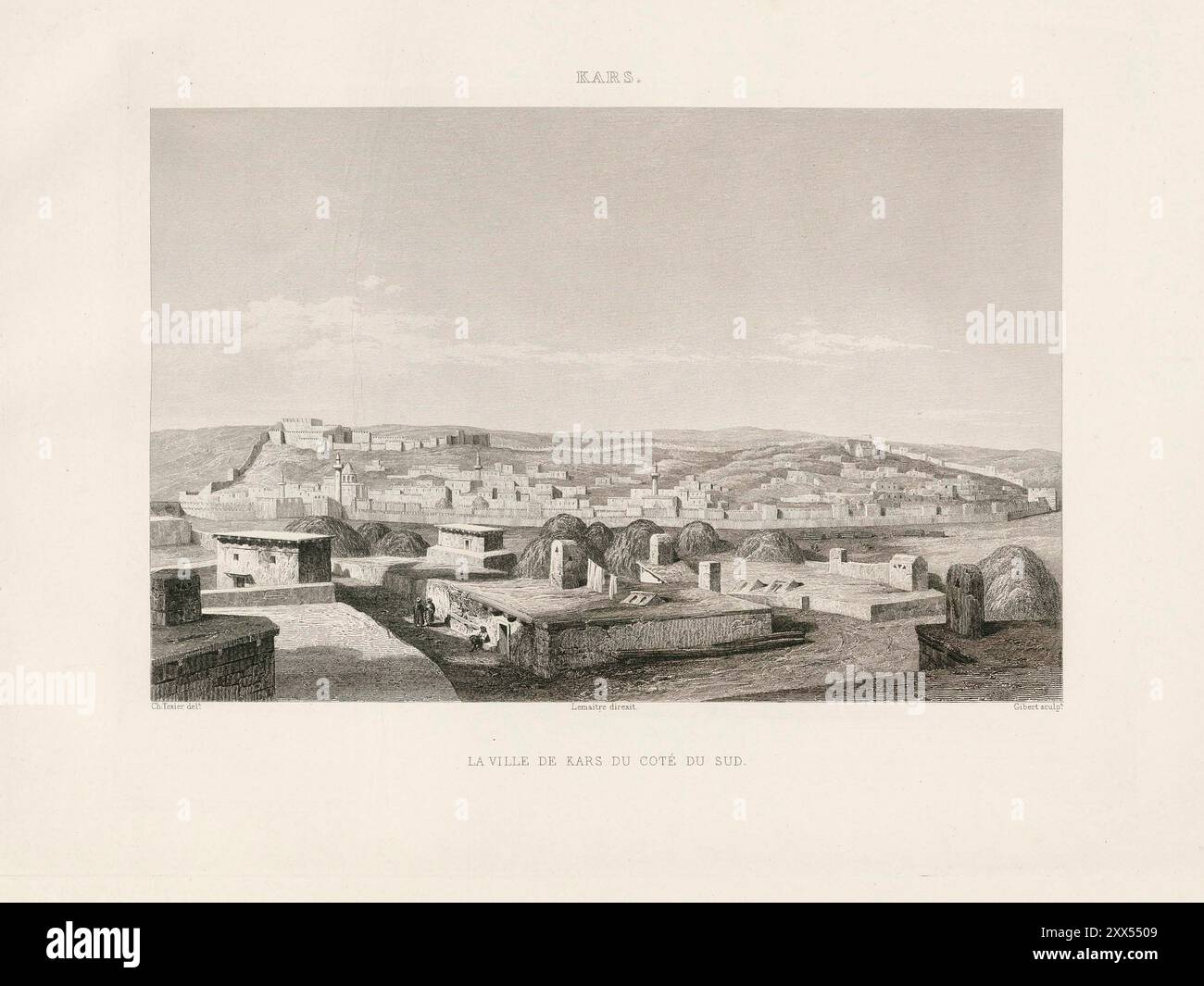 Vue sur la ville de Kars. Gravure historique vintage de Clara Lemaitre, publiée en 1842. Banque D'Images