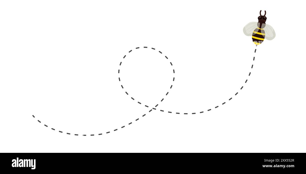Bee Flying sentier pointillé, chemin de ligne. Itinéraire Bumblebee fly voyage pour le voyage. Conception de produit miel, abeille avec des ailes mignonnes. Illustration vectorielle Illustration de Vecteur