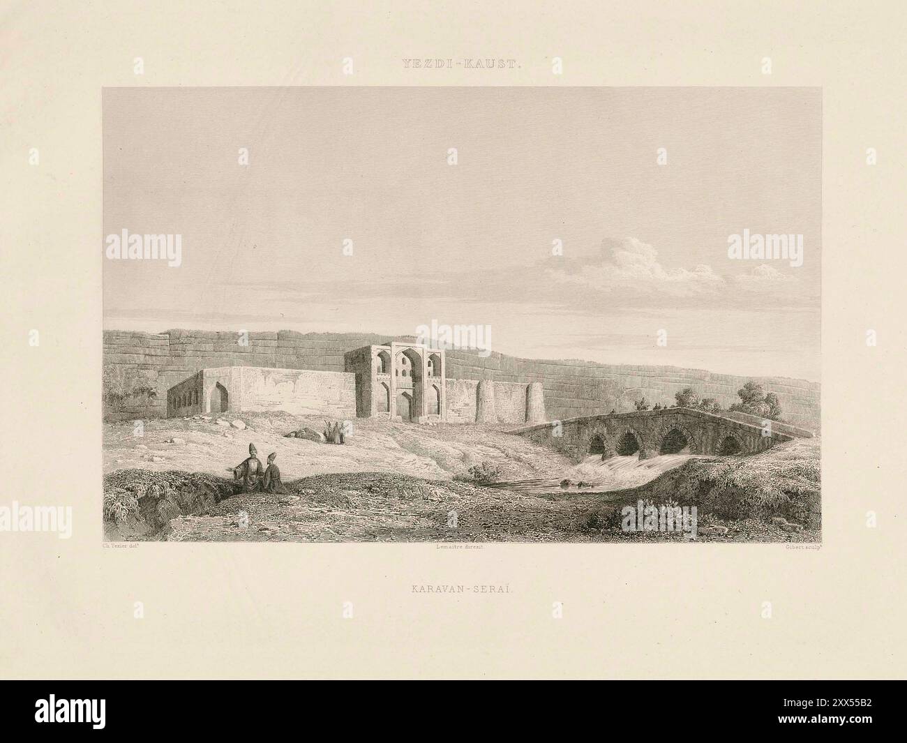 Caravansérail, Izadkhast , Iran. Gravure historique vintage de Clara Lemaitre, publiée en 1842. Banque D'Images