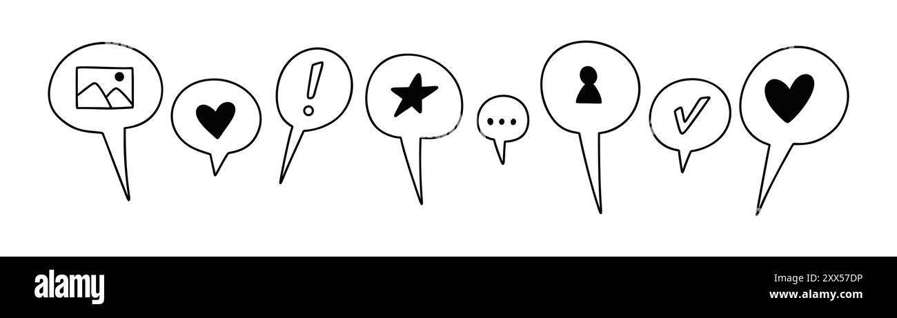 Ensemble d'icônes de réaction des médias sociaux Cute Line Doodle. Bulle de parole avec coeur, étoile, image, chèque, émoticône. Suivez, partagez, appréciez, lisez le message, fe Illustration de Vecteur
