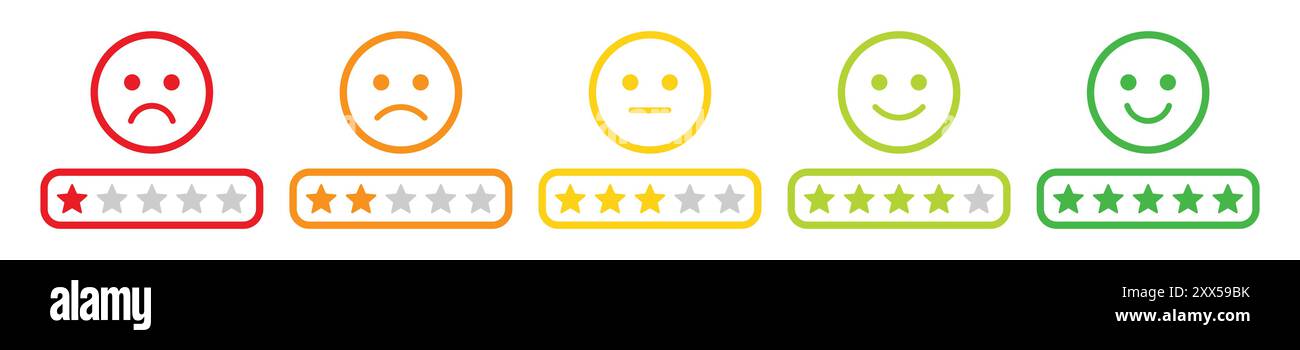 Note emoji set avec des étoiles dans le style de trait pour les commentaires des clients et l'expérience du produit. Jeu d'icônes emoji cinq étoiles. Échelle de rétroaction emoji. Illustration de Vecteur
