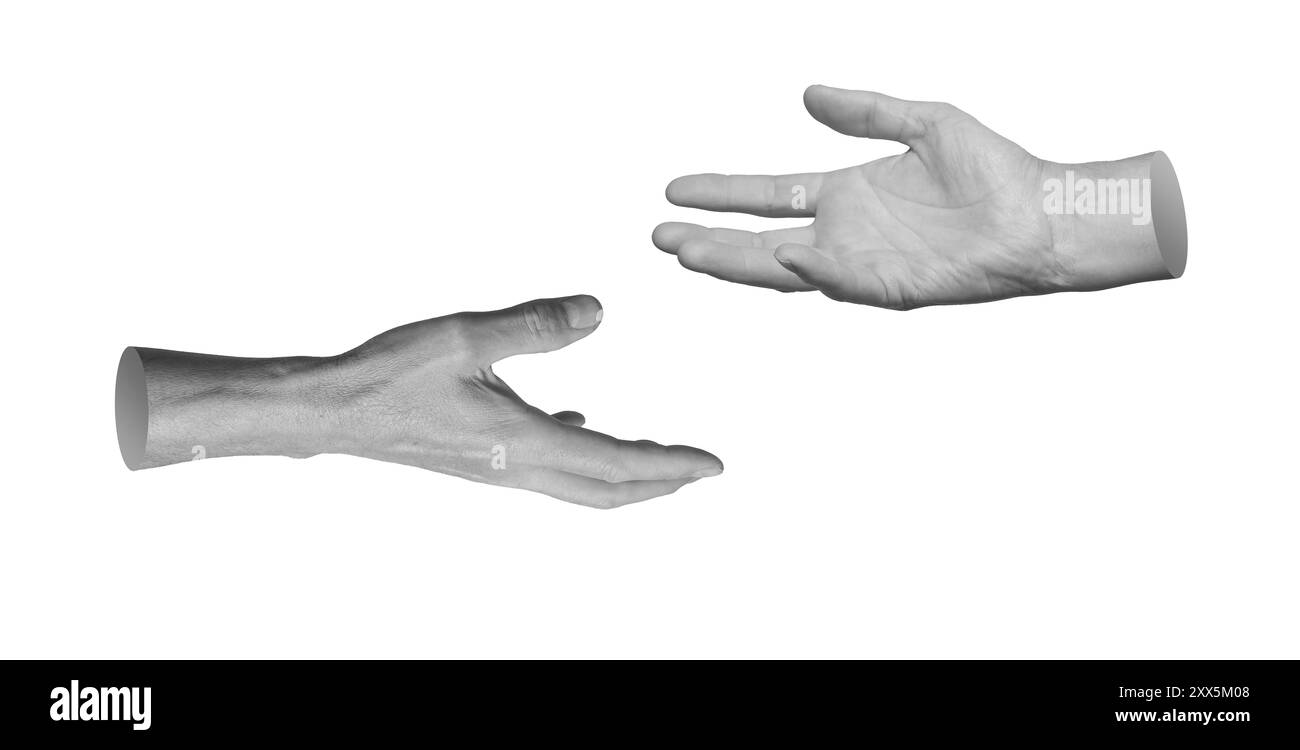 Deux mains tendues, s'étirant, se tenant isolées sur fond blanc. Banque D'Images