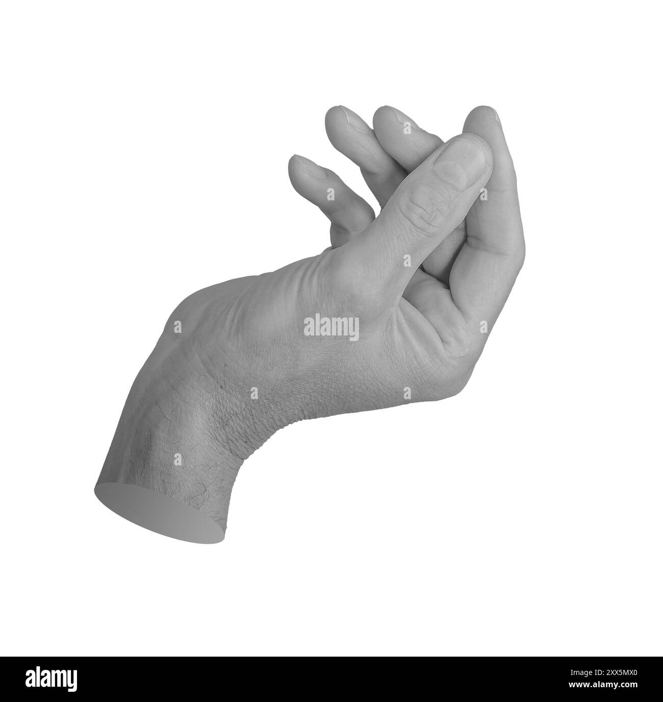 Tenant quelque chose de petit, mince, la main isolée sur fond blanc .. Banque D'Images