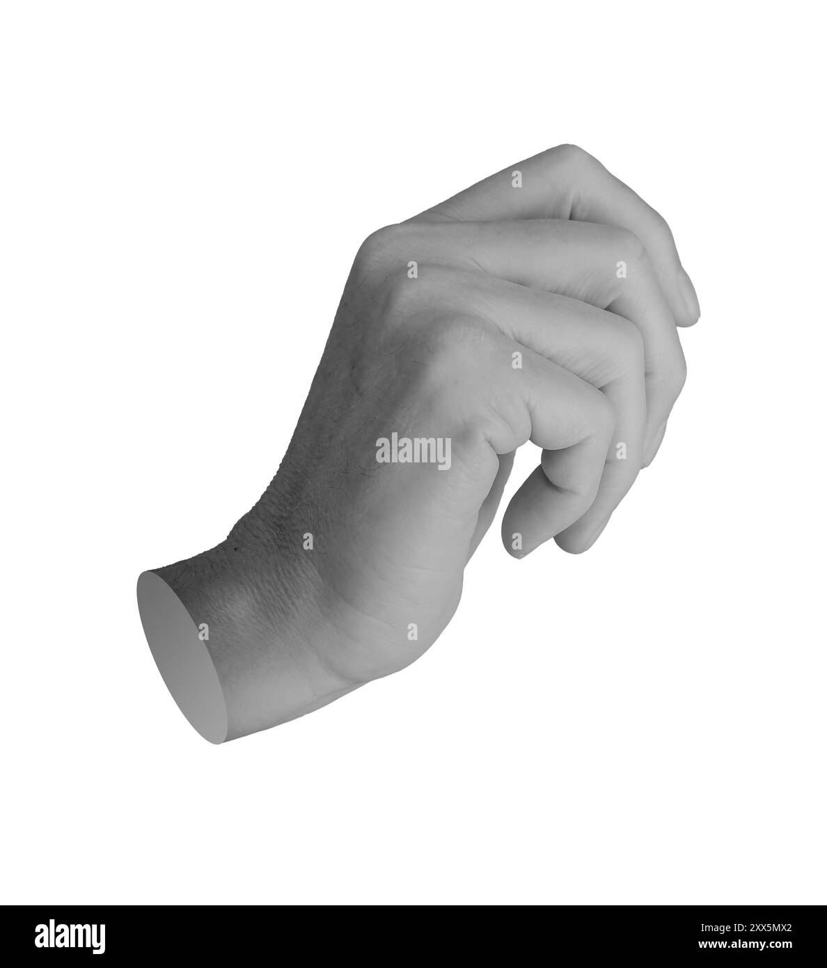 Tenant quelque chose de petit, mince, la main isolée sur fond blanc .. Banque D'Images