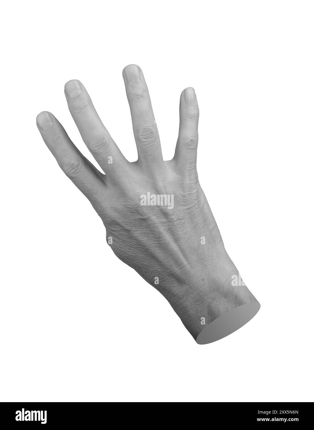 Main montrant quatre doigts, isolé sur fond blanc. Compter ou signaler le nombre 4.. Banque D'Images