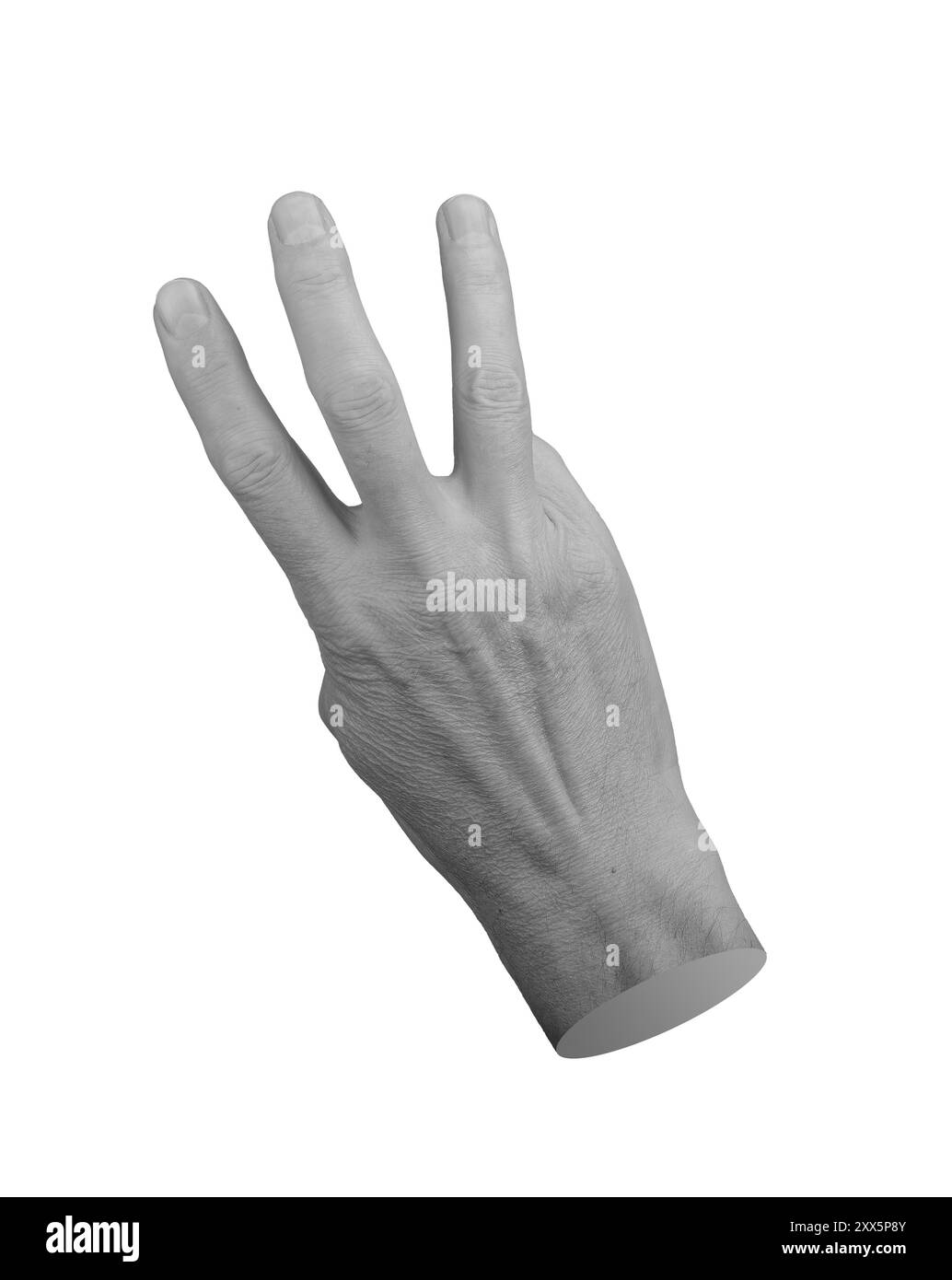 Comptant et montrant trois 3 doigts, signe de main isolé sur fond blanc.. Banque D'Images