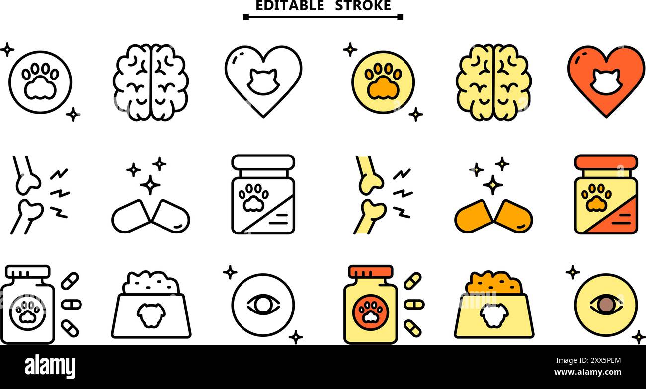 Ensemble d'icônes de vitamines pour animaux de compagnie. Contour modifiable. Différents types de médicaments pour animaux de compagnie, vitamines et suppléments. Icônes vectorielles simples pour ui et ux, site Web ou Mo Illustration de Vecteur