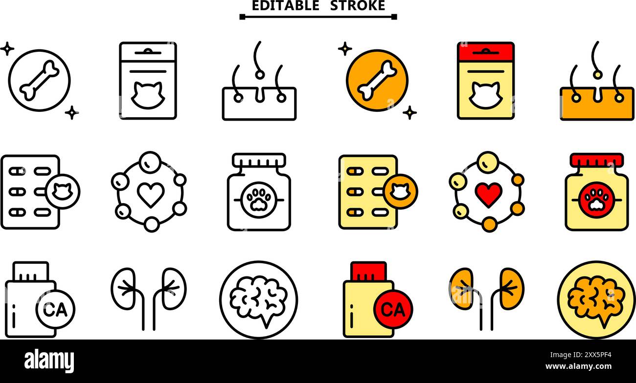 Ensemble d'icônes de vitamines pour animaux de compagnie. Contour modifiable. Différents types de médicaments pour animaux de compagnie, vitamines et suppléments. Icônes vectorielles de couleur simples pour ui et ux, site Web Illustration de Vecteur
