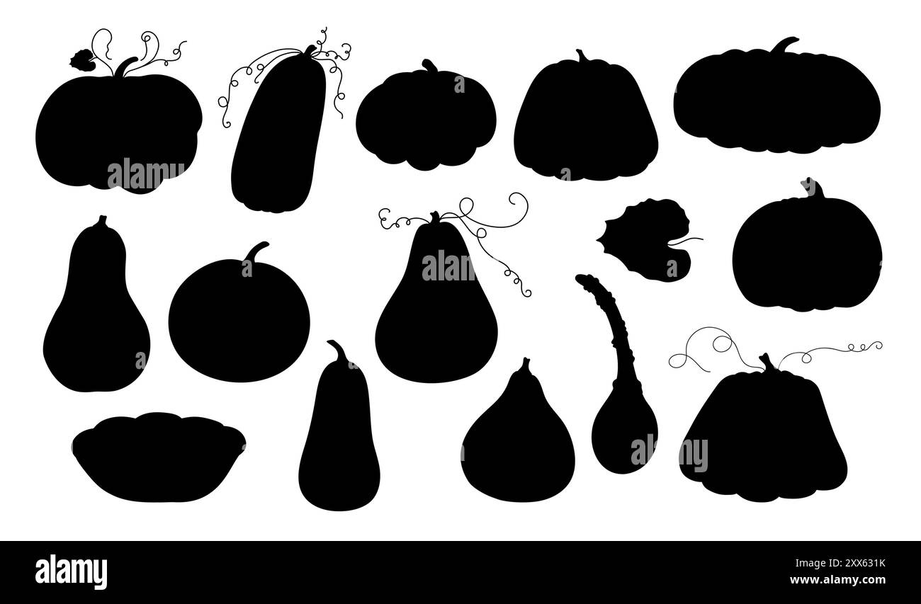 Silhouettes de citrouilles définies illustration vectorielle de doodle dessinée à la main pour la maison saisonnière ou le décor de fête, élément de conception de vacances de Thanksgiving ou d'Halloween, min Illustration de Vecteur