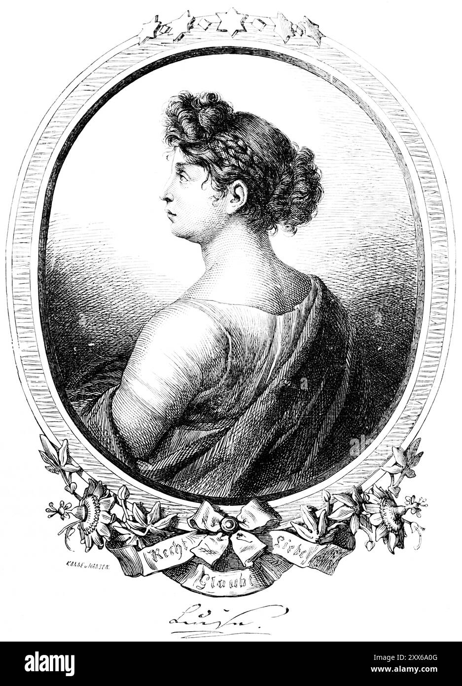 Portrait de la jeune reine Luise, épouse du roi Friedrich Wilheim III, devise Loi, amour, foi, cadre ovale, ornementation, regardant sur le côté, poilu Banque D'Images