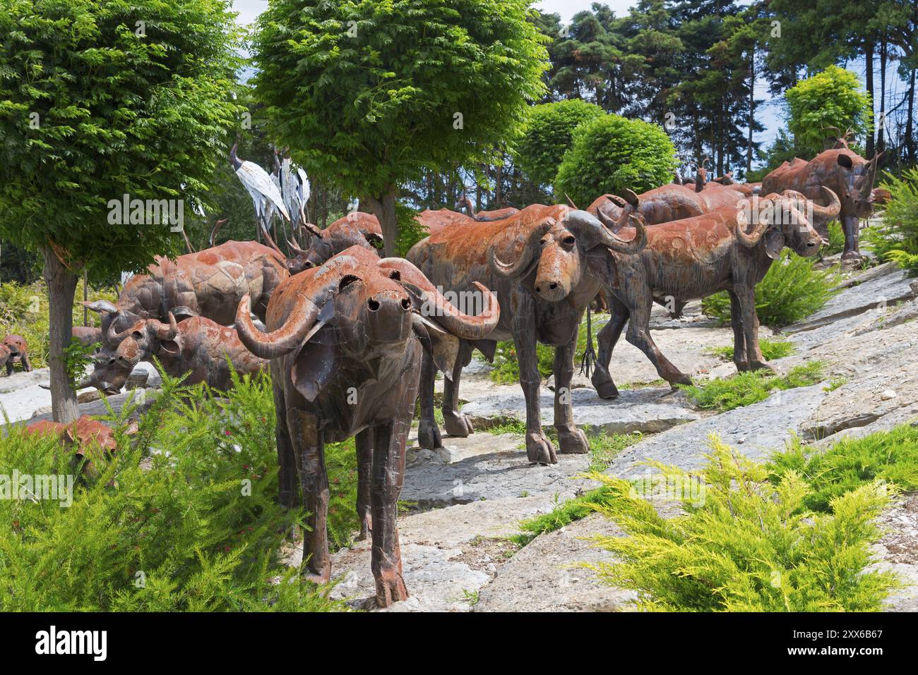 Groupe de sculptures en métal représentant des buffles dans un cadre naturel avec des arbres et des arbustes, Bacalhoa, Bacalhoa Buddha Eden, Quinta dos Loridos, plus grand Banque D'Images