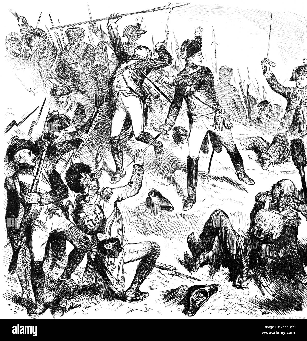 Prise de Kostheim 1793, le prince héritier prussien chasse les Français, courage, chef, bataille, guerre, soldats, mort, blessés, armes, fusils, épée Banque D'Images