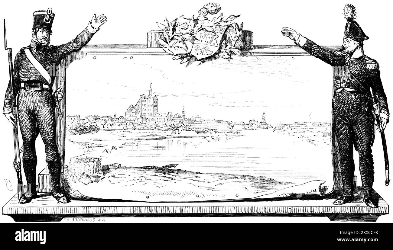 Kolberg ou KoNobrzeg, vue sur la ville de la mer Baltique, Pologne, églises, ornementation, soldats, armes, épée, fusil, militaire, illustrat historique Banque D'Images