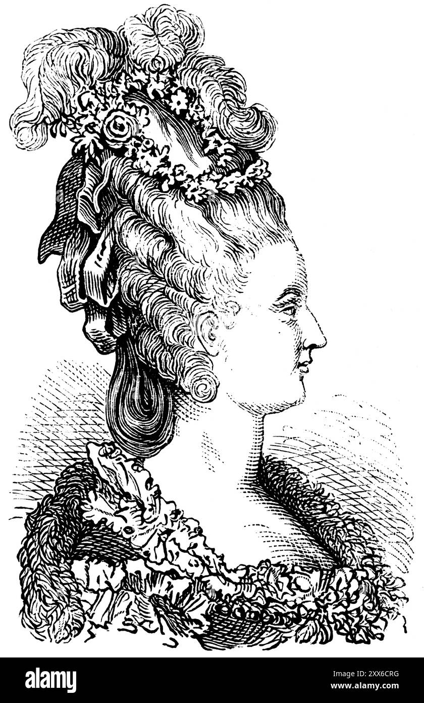 Portrait de la reine Marie-Antoinette, née Marie-Antoinette d'Autriche-Lorraine, femme du roi Louis XVI, coiffure extravagante, bijoux, b Banque D'Images