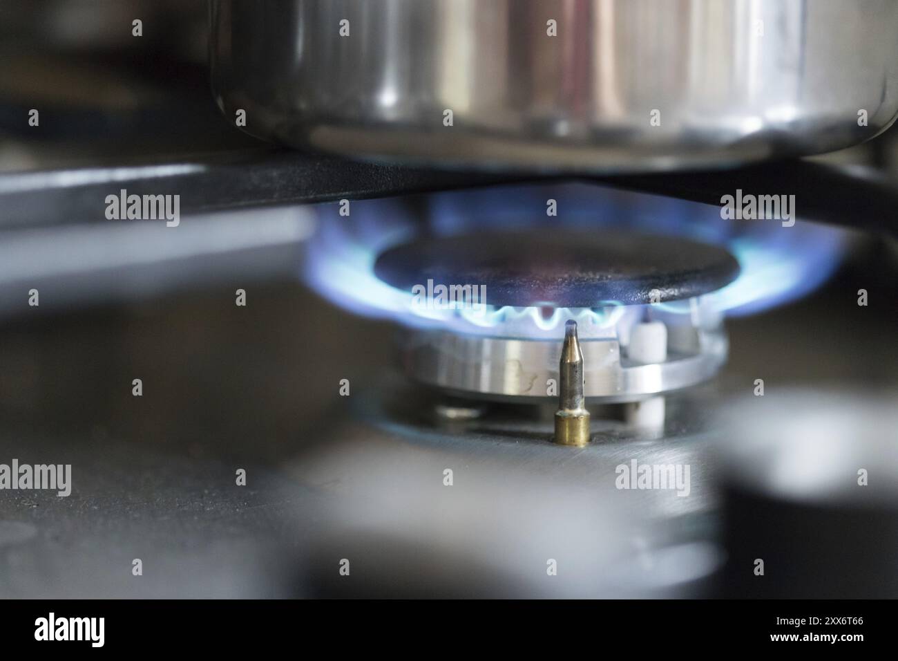 Gros plan d'une flamme bleue, la cuisson d'un pot d'eau dans la cuisine Banque D'Images