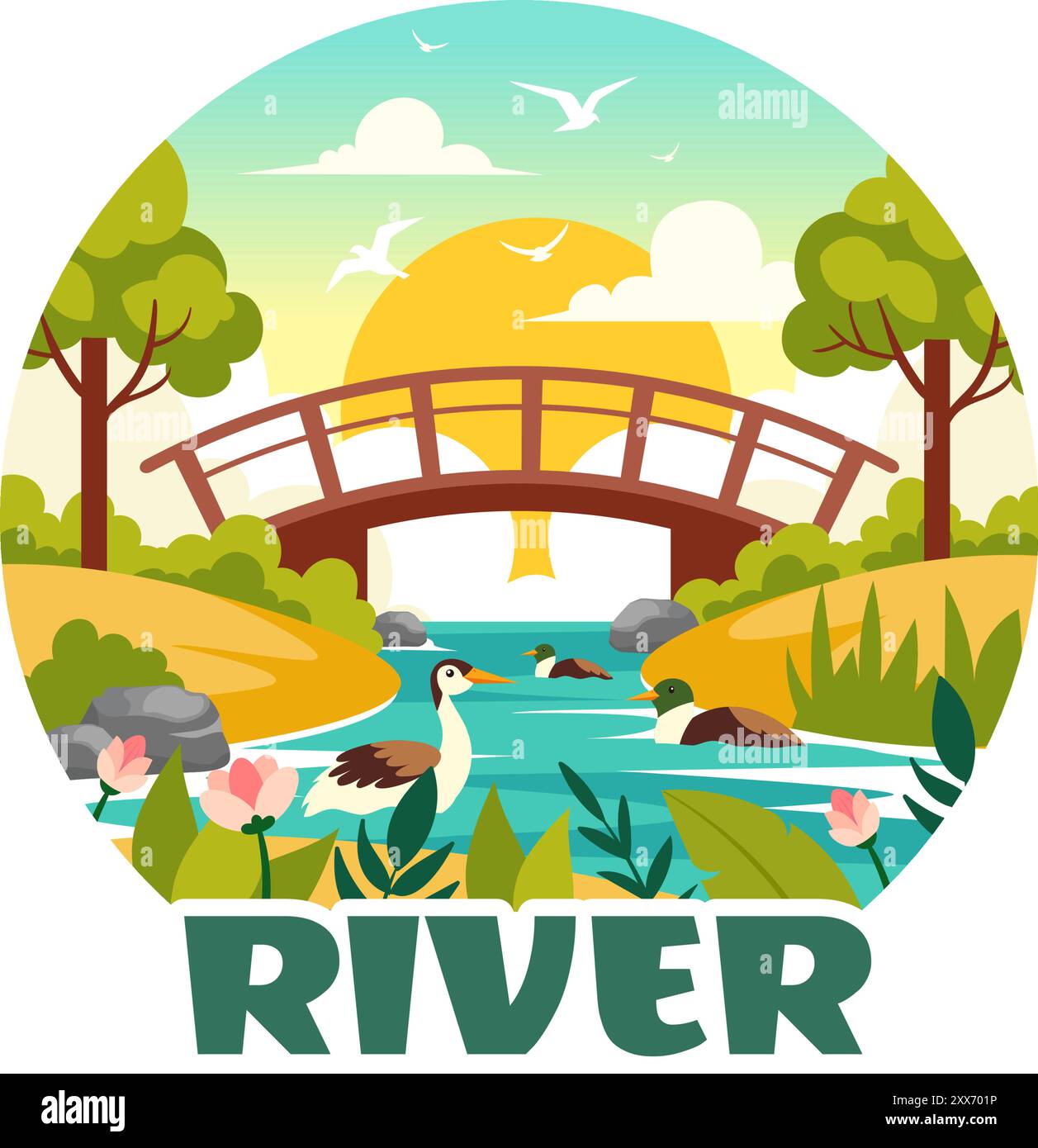 Illustration vectorielle d'un paysage de rivière avec des vues sur la montagne, des champs verts, des arbres et des forêts entourant les rivières dans un fond de dessin animé plat Illustration de Vecteur