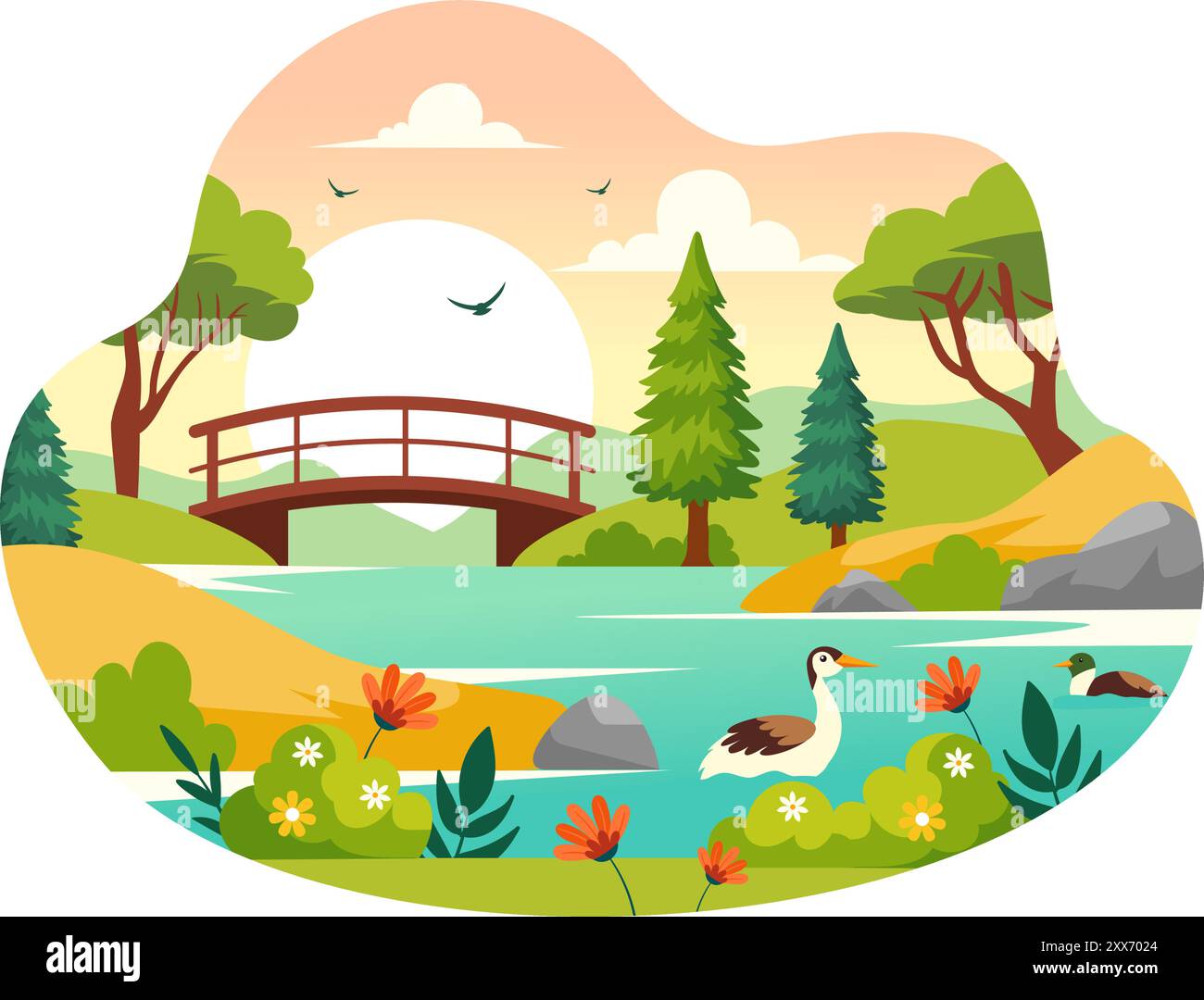 Illustration vectorielle d'un paysage de rivière avec des vues sur la montagne, des champs verts, des arbres et des forêts entourant les rivières dans un fond de dessin animé plat Illustration de Vecteur