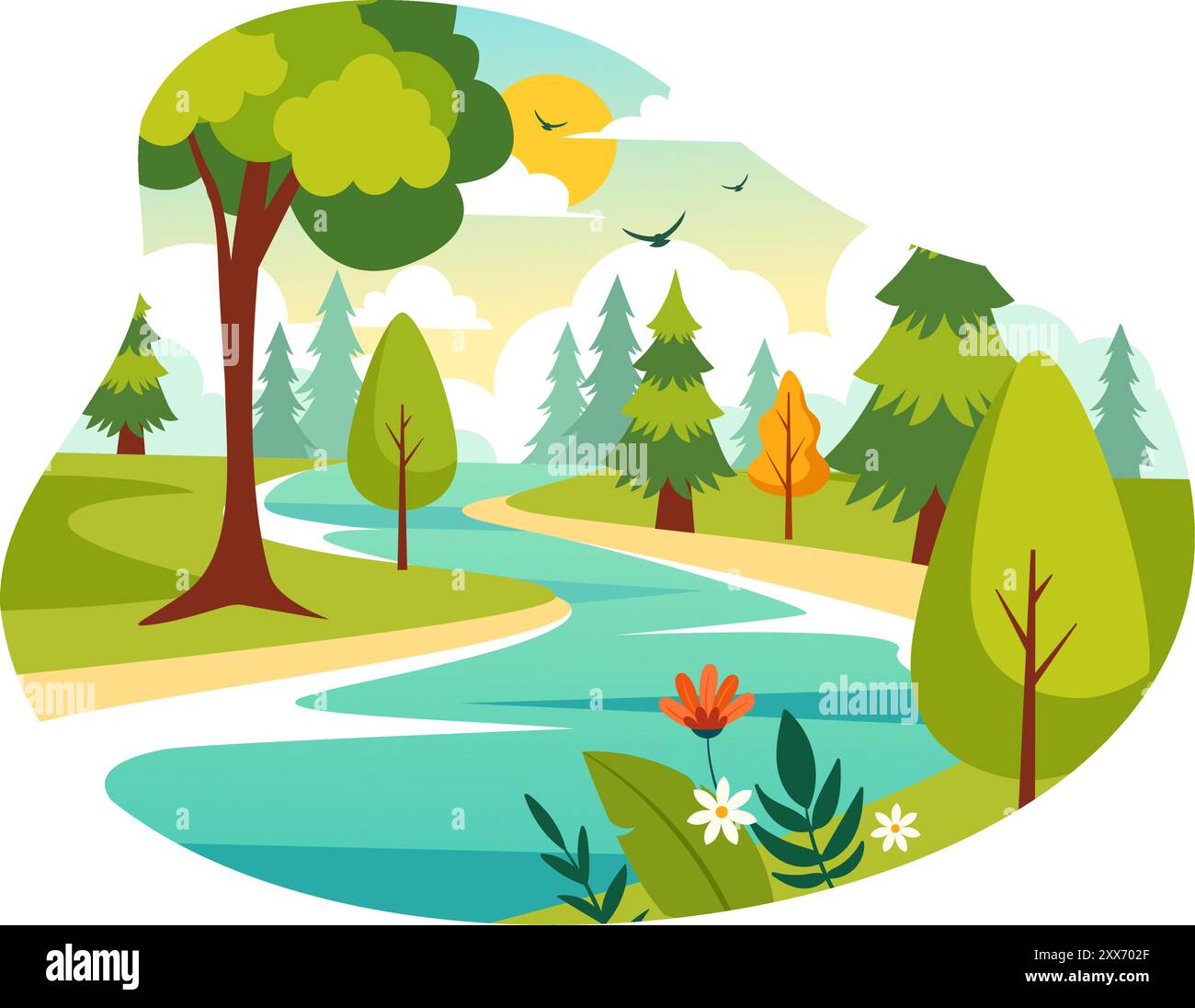 Illustration vectorielle d'un paysage de rivière avec des vues sur la montagne, des champs verts, des arbres et des forêts entourant les rivières dans un fond de dessin animé plat Illustration de Vecteur