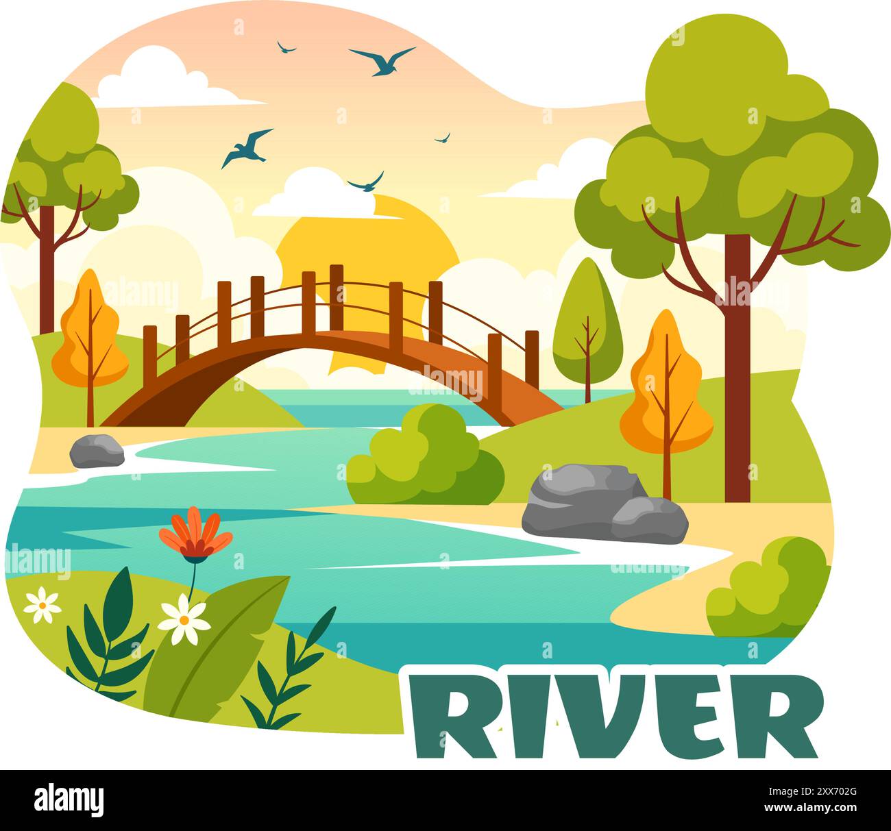 Illustration vectorielle d'un paysage de rivière avec des vues sur la montagne, des champs verts, des arbres et des forêts entourant les rivières dans un fond de dessin animé plat Illustration de Vecteur