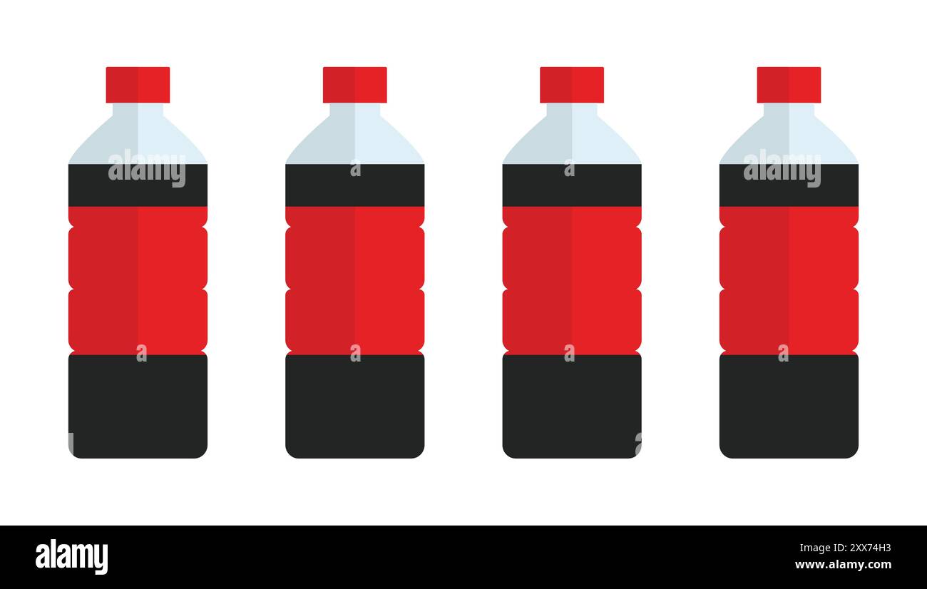 Bouteille de soda. Bouteille en plastique avec boisson. Icône de cola. Rouge pétillant boisson caféine et sucre. Eau douce froide noire. Boisson dans un récipient avec bouchon. Illustration de Vecteur