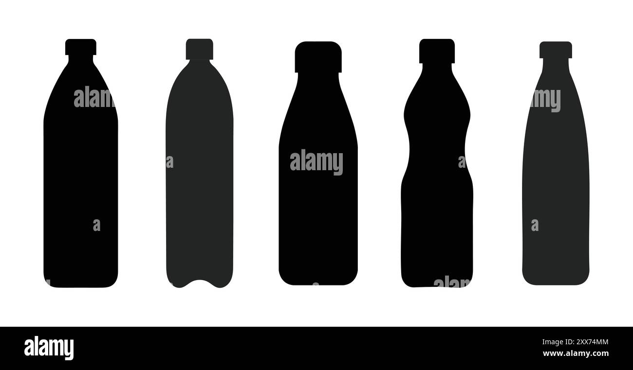 Jeu de bouteilles d'eau. Collecte de bouteilles en plastique. Ensemble d'icônes de silhouette de bouteille en plastique. Illustration simple noire d'un grand récipient pour l'eau, le liquide, l'huile. Illustration de Vecteur